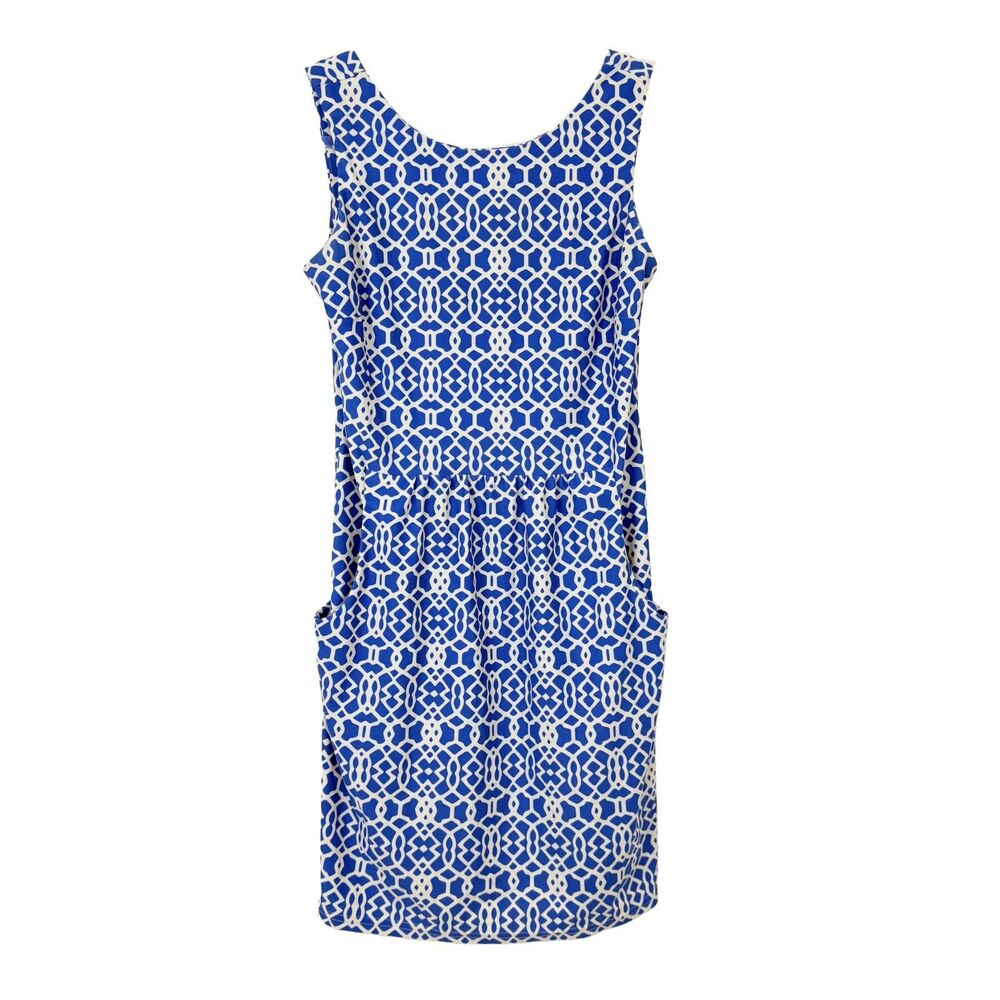JUDE CONNALLY Moroccan Mini Stretch Nylon Tank Dress S Blue White Print EUC B40